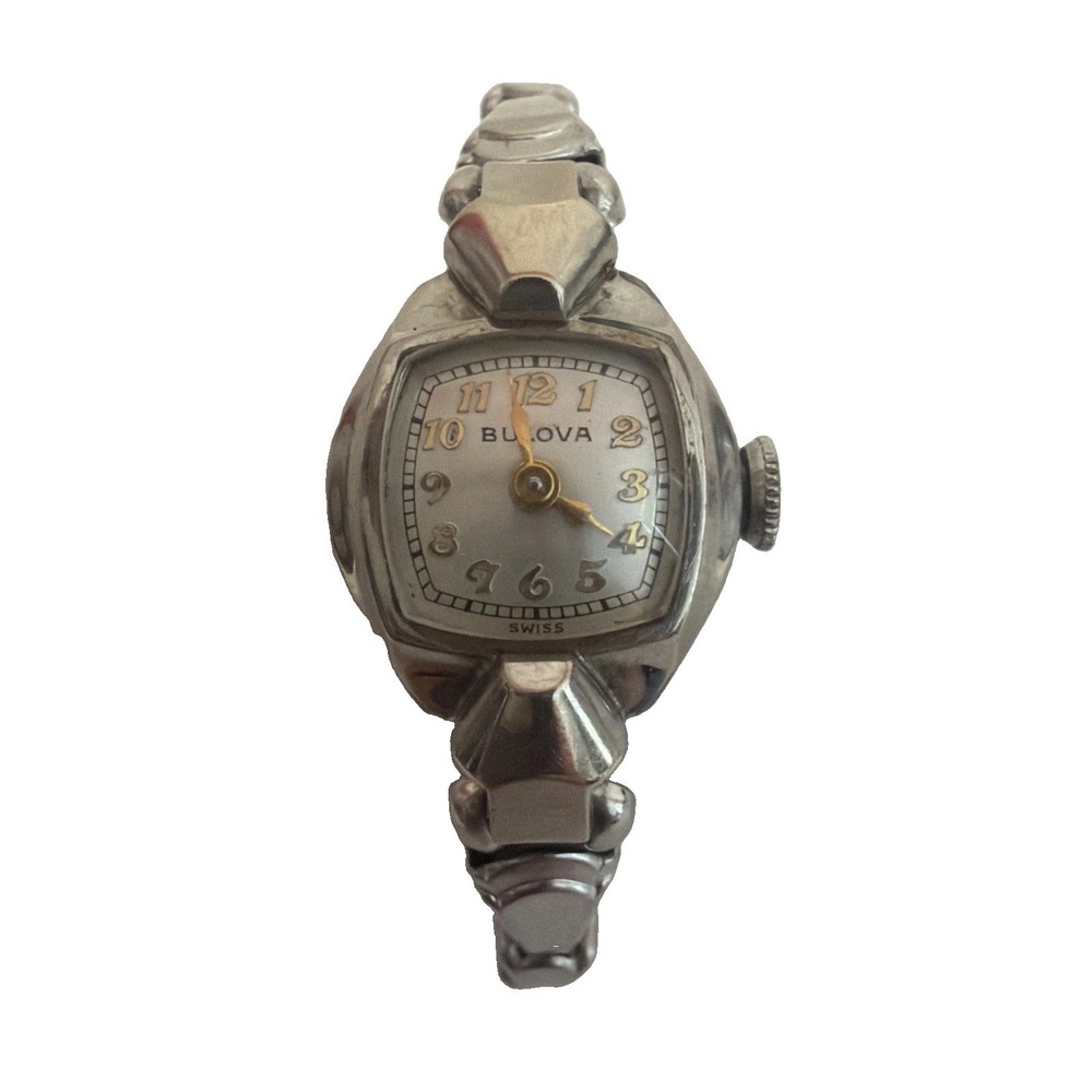 Vintage Bulova Womens Watch Working Swiss Manual Wind Silver Tone Stretch 1960's